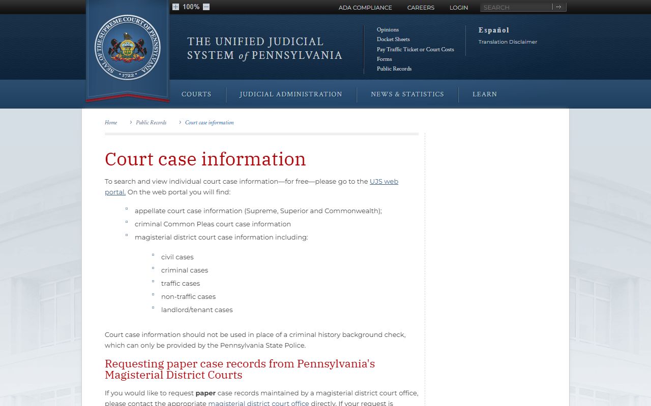 Pennsylvania court case information for white pages searches