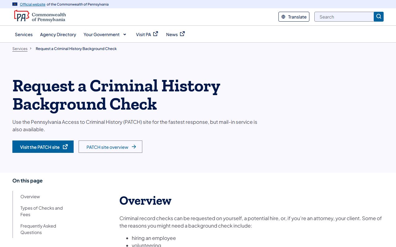 Pennsylvania PATCH criminal history system for white pages