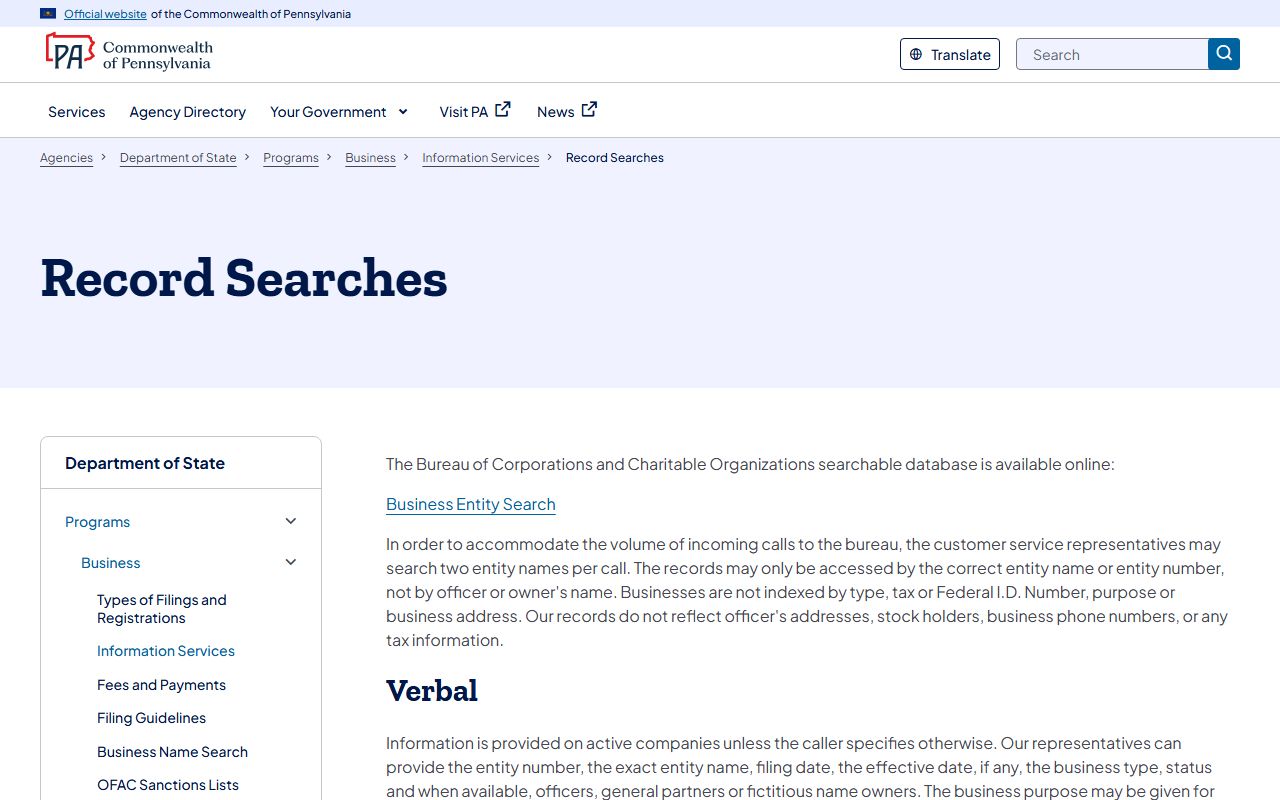 Pennsylvania record searches for white pages lookups