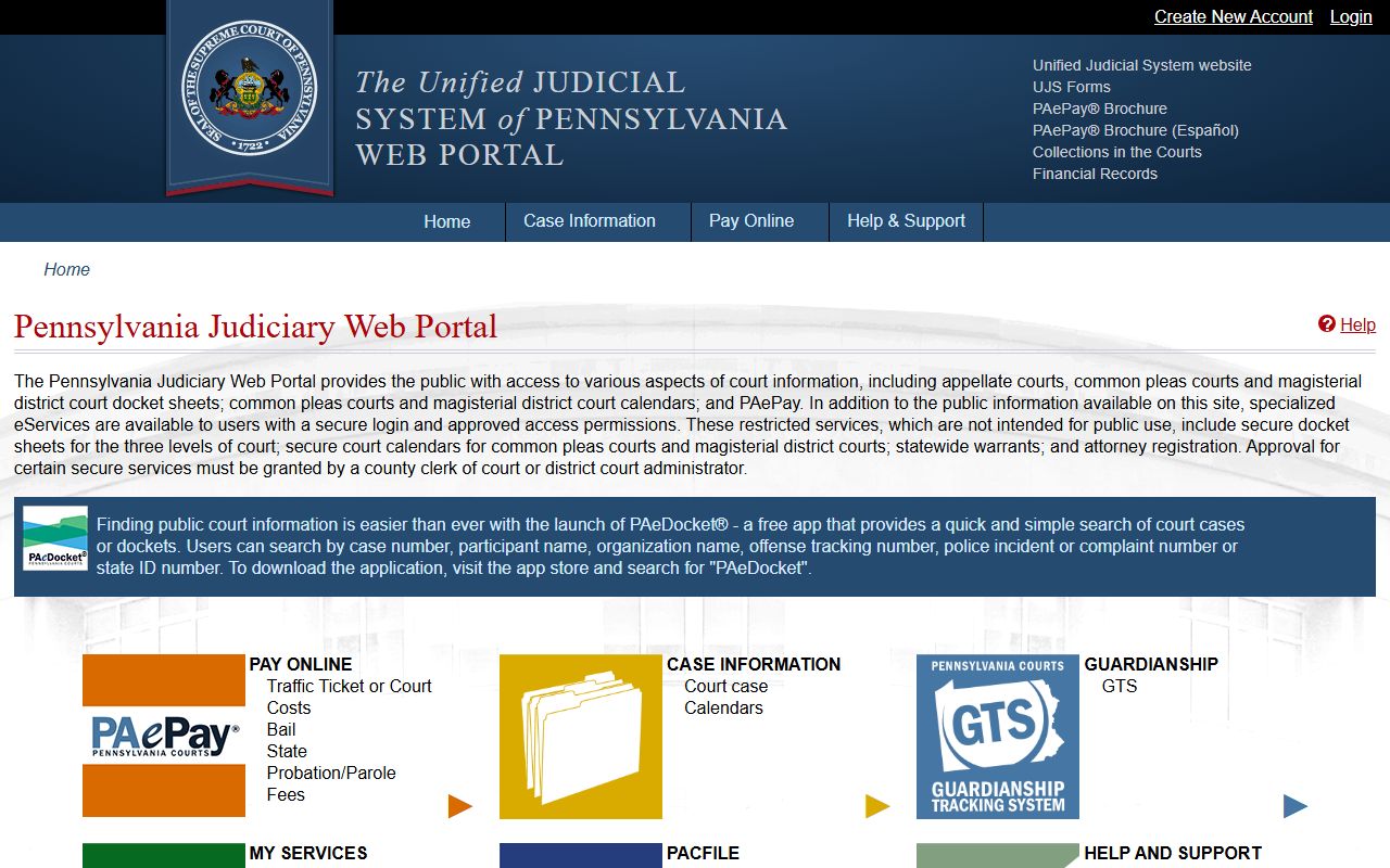 Pennsylvania UJS Web Portal for white pages court record searches
